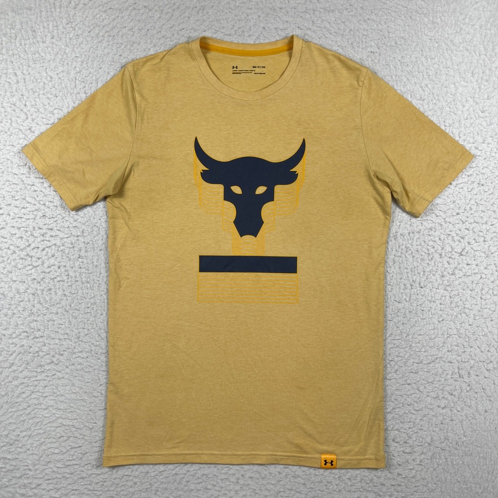 Under Armour Project Rock T-Shirt Mens Small Gold Brahma Bull Graphic HeatGear